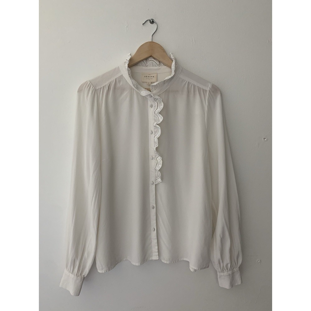 Sézane Chlo Shirt In Ecru Silk 42 Embroidered Band On Placket Collar Paris Chic